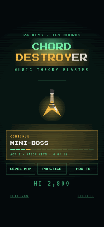 Home screen: the Chord Destroyer wordmark under 24 KEYS, 168 CHORDS, the guitar ship, and a CONTINUE card reading MINI-BOSS, act one, major keys, 4 of 16.
