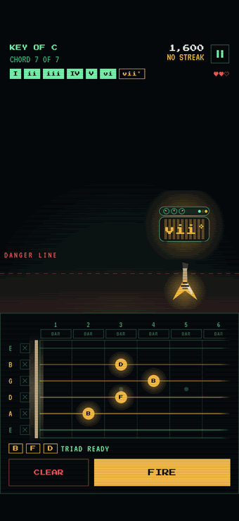 Fretboard input in the key of C: the alien marked vii diminished above six strings with B, F and D fretted, TRIAD READY, and CLEAR and FIRE buttons.